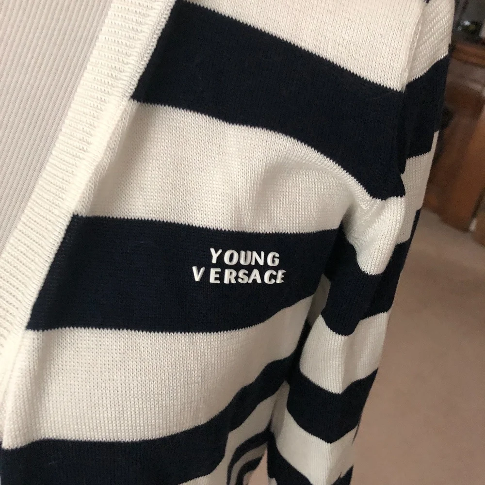 Versace Black White Striped Sweater with Red Medusa Knit
